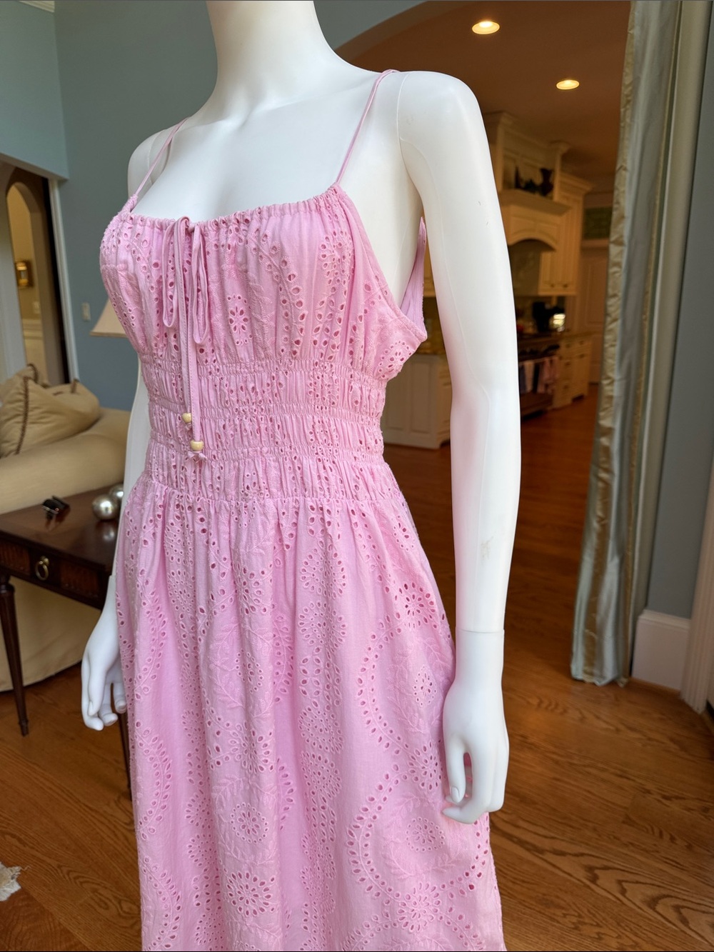 MELLODAY Pink Eyelet Maxi Dress with Smocked Bodice - Picture 4 of 13